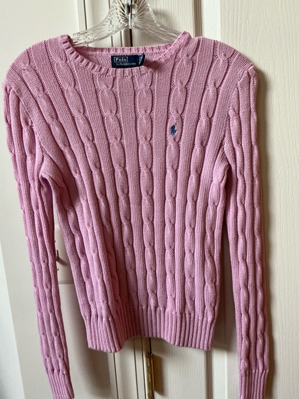 POLO RALPH LAUREN PINK CABLE KNIT LOGO COTTON SWEATER